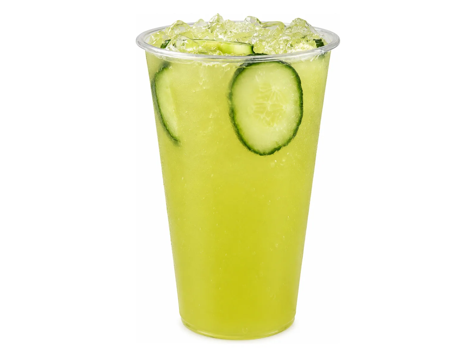 Cucumber Lemonade Refresher, a caffeine-free green drink with cucumber slices over ice