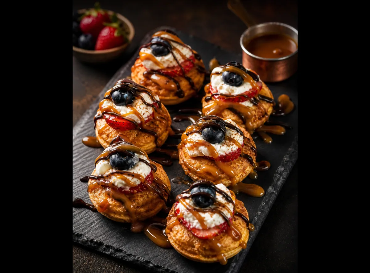 Deluxe protein donuts stacked with fruit, whipped cream and drizzle