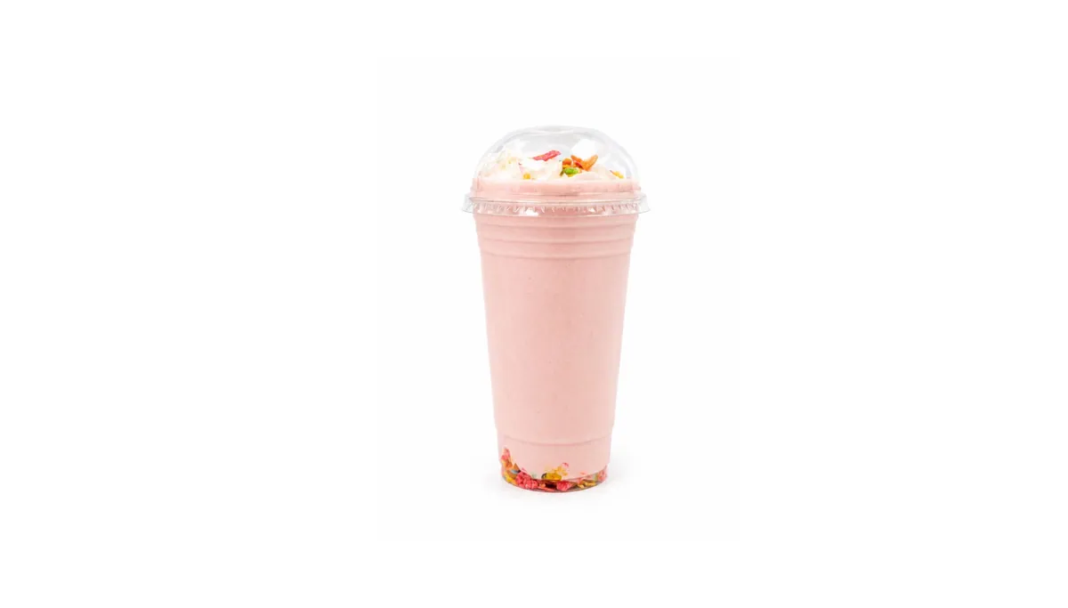 Fruitty Pebbles protein shake topped with fruity cereal