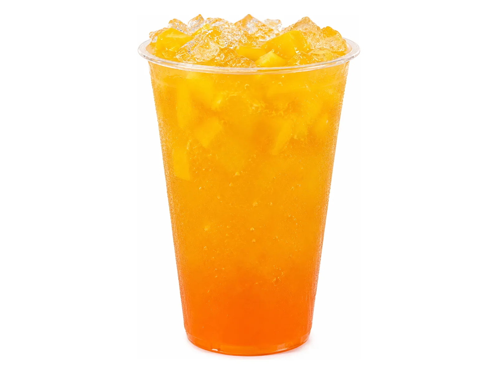 Mango Pineapple Refresher, a caffeine-free orange drink with mango pieces over ice