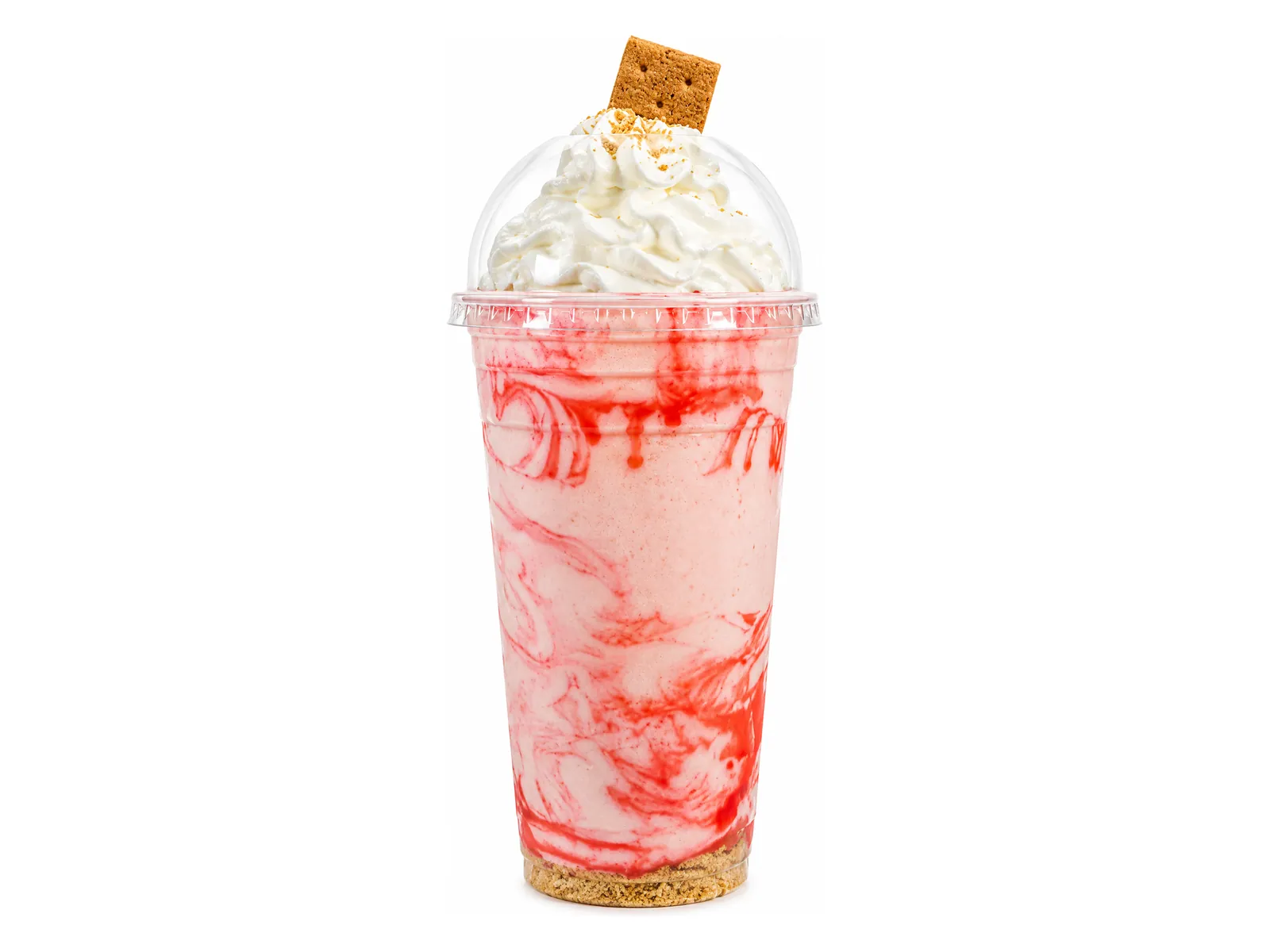 Mini Strawberry Shortcake kids' shake with strawberry swirl, whipped cream, and a graham cracker