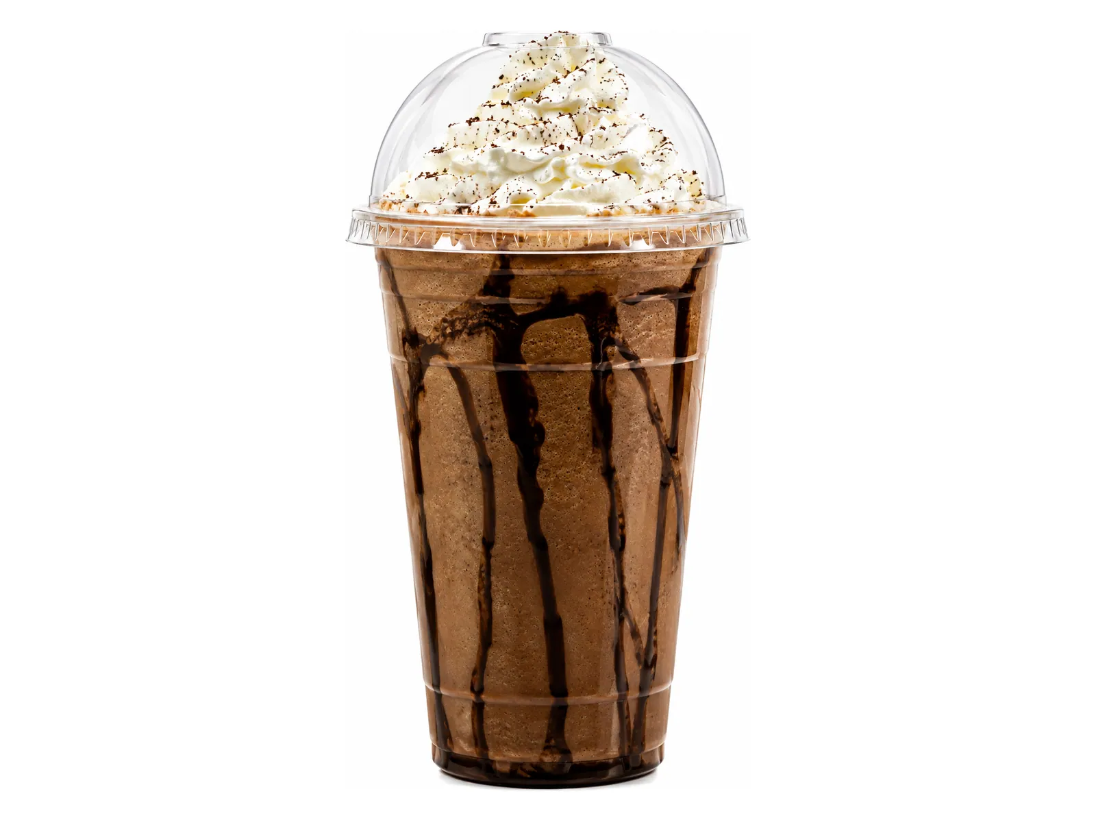 Mocha protein coffee with chocolate drizzle, whipped cream, and cocoa dusting