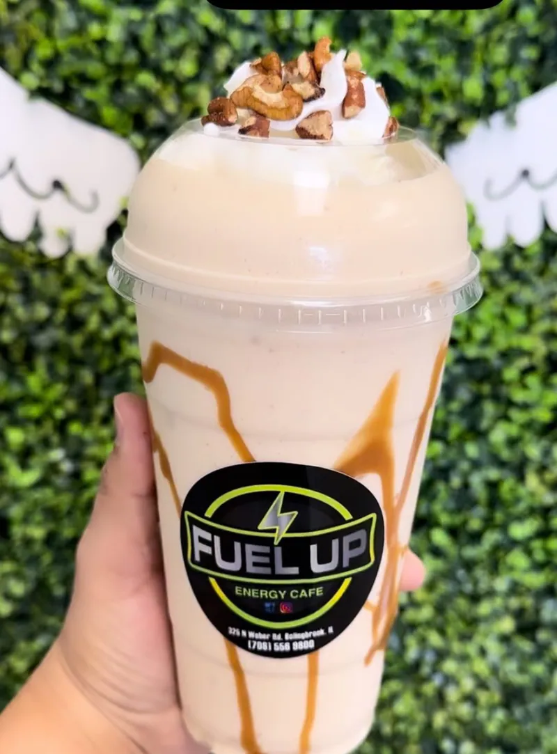Pecan Delight protein shake with caramel drizzle and pecan topping