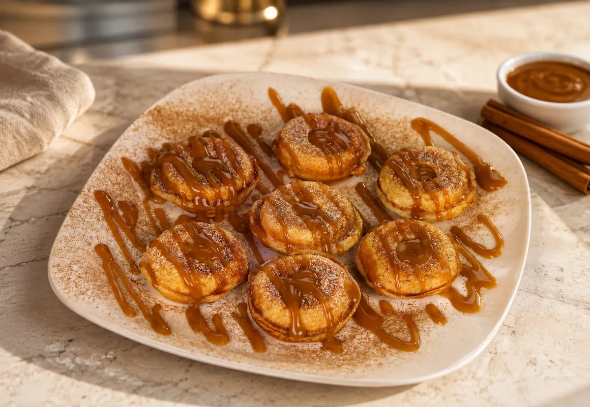 Plate of seven mini protein donuts dusted with cinnamon and drizzled with caramel