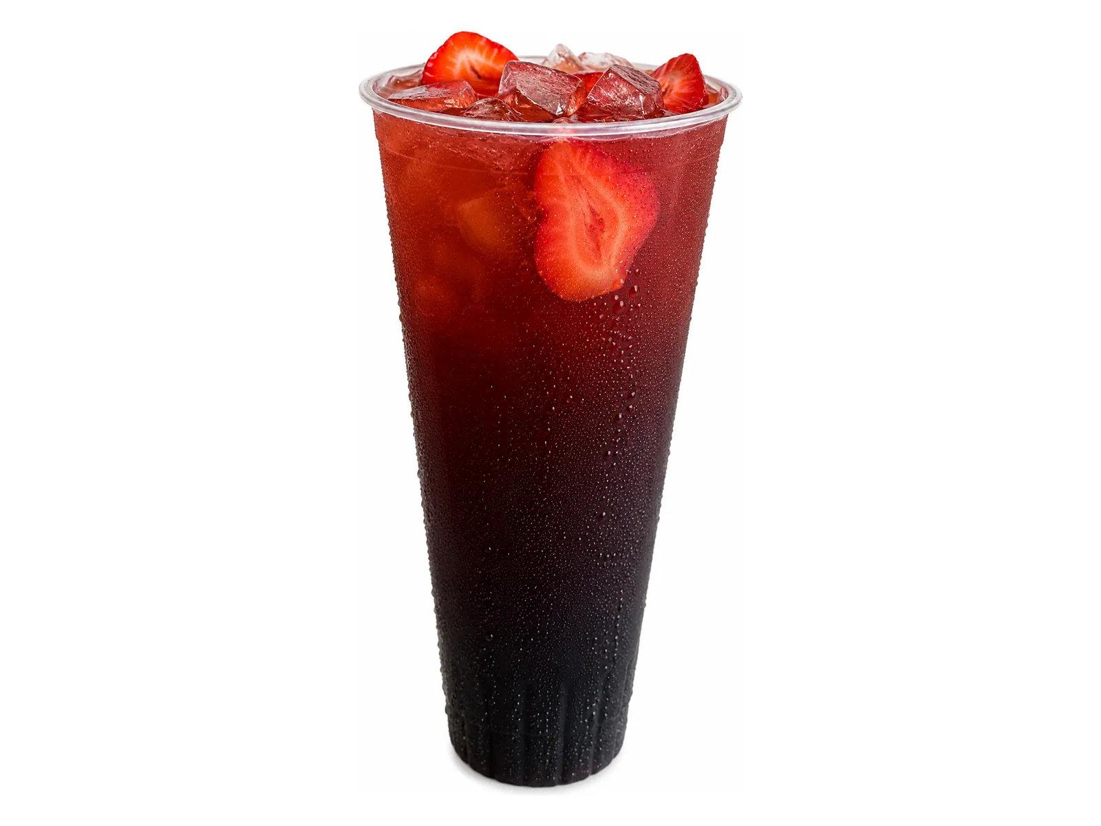 Skittles LIT TEA, a deep red-to-dark gradient energy tea with strawberry slices and ice