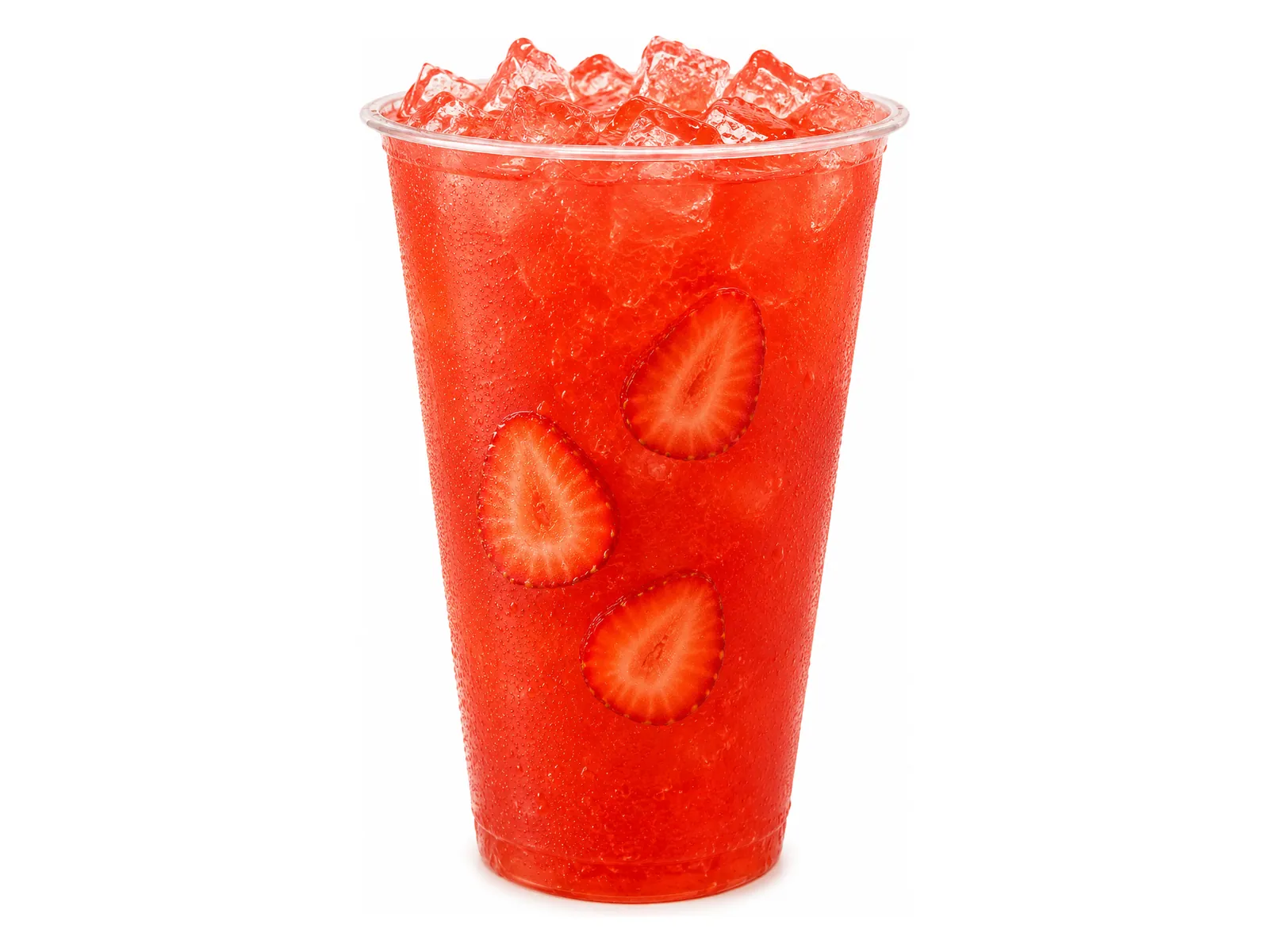 Strawberry Refresher, a caffeine-free red drink with strawberry slices over ice